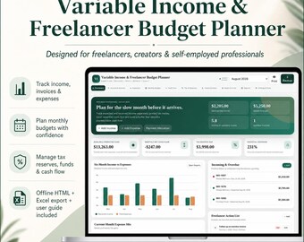 May include: A digital Variable Income & Freelancer Budget Planner displayed on a laptop screen. The interface features dark green and white sections with financial charts, income tracking, expense lists, and tax reserve data. Includes icons for tracking, planning, and management.