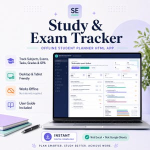 Puede incluir: Un portátil muestra la interfaz de una aplicación HTML Study & Exam Tracker con una barra lateral oscura y un panel claro. La pantalla muestra el progreso académico, los próximos exámenes y una lista de tareas. Texto: Study & Exam Tracker.