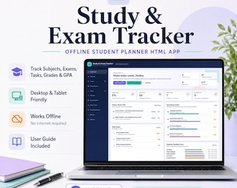 May include: A laptop displaying a Study & Exam Tracker HTML app interface with a dark sidebar and light dashboard. The screen shows academic progress, upcoming exams, and a task queue. Text includes Study & Exam Tracker and Instant Digital Download.