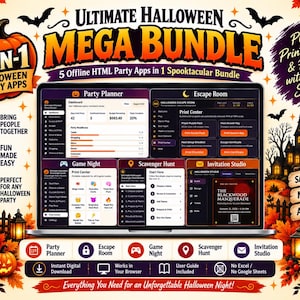 May include: A laptop screen displaying the Ultimate Halloween Mega Bundle, a 5-in-1 collection of offline HTML party apps including a party planner, escape room, game night, scavenger hunt, and invitation studio, surrounded by autumn leaves and pumpkins.