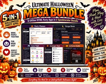 May include: A laptop screen displaying the Ultimate Halloween Mega Bundle, a 5-in-1 collection of offline HTML party apps including a party planner, escape room, game night, scavenger hunt, and invitation studio, surrounded by autumn leaves and pumpkins.