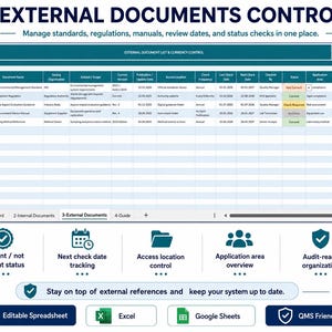 Op de afbeelding: Een spreadsheet-sjabloon voor externe documentcontrole met een tabel met kolommen voor documentnaam, versie, datums en status. Onder de tabel staan iconen voor statusbewaking, toegangscontrole en audit-ready organisatie, met Excel- en Google Sheets-logo's.