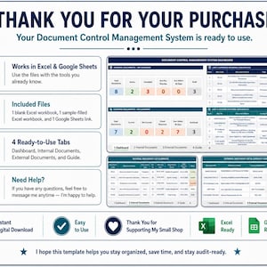 Op de afbeelding: Een digitaal sjabloon voor een documentbeheersysteem voor Excel en Google Sheets. De afbeelding toont een dashboard-interface met overzichtstabellen, lijsten met interne en externe documenten en iconen voor bestandsfuncties en ondersteuning.