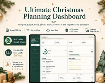 May include: The Ultimate Christmas Planning Dashboard is a digital tool for organizing holiday gifts, budgets, meals, and parties. It features a dark green sidebar, a white interface with data charts, and includes an English PDF user guide.