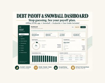 May include: A digital debt payoff and snowball dashboard interface featuring a dark green sidebar and light background. The screen displays financial data, including a 7% progress circle, projected balance trends, and a comparison table for snowball and avalanche strategies with text labels.