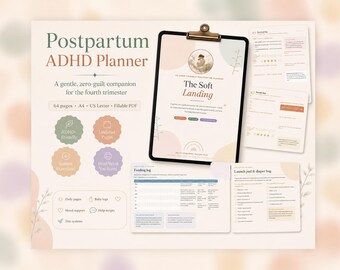 Postpartum ADHD Planner, Fourth Trimester Self-Care Journal, Newborn Tracker, Fillable PDF A4 & US Letter