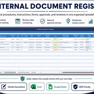 Op de afbeelding: Een spreadsheet-sjabloon voor een intern documentregister met kolommen voor documentcode, naam, type, uitgiftedatum, revisiedatum, opgesteld door, goedgekeurd door, distributie, status, revisieoverzicht en opslaglocatie met voorbeeldgegevens.