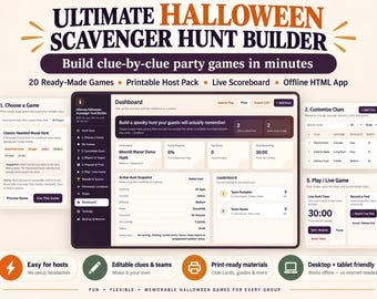 May include: A digital interface for the Ultimate Halloween Scavenger Hunt Builder, featuring a central dashboard with game settings, a leaderboard, and live hunt timer. The layout includes sections for choosing games, customizing clues, and playing live.