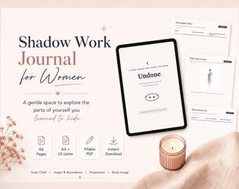 May include: A digital shadow work journal displayed on a tablet screen with the title Undone, accompanied by printed pages titled The Masks I Wear, Body Map of Anger, and What Irritates Me, featuring icons for 46 pages, A4 and US Letter sizes.