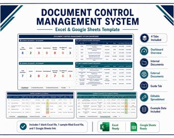May include: A Document Control Management System template for Excel and Google Sheets. The interface displays a dashboard with internal and external document summaries, status tables, and lists. Includes icons for 4 tabs, overview, documents, guide, and editable spreadsheet features.