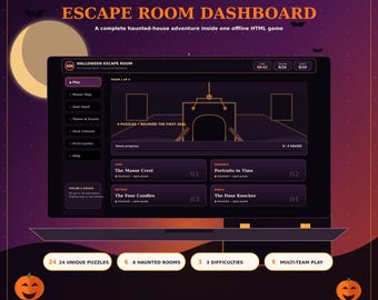 May include: A digital Ultimate Halloween Escape Room dashboard displayed on a laptop screen. The interface features a dark theme with purple and orange accents, showing game progress, puzzle titles like The Manor Crest, and navigation menus.