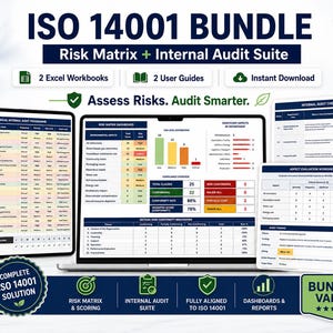 Op de afbeelding: Een ISO 14001-bundel met een risicomatrix en interne audit-suite. De weergave bevat een laptop met een risicomatrix-dashboard, twee tabletschermen met auditprogramma's en checklists, en tekstlabels voor Excel-werkmappen en gebruikershandleidingen.