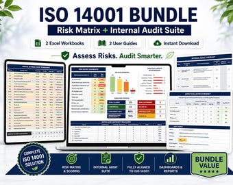 May include: An ISO 14001 bundle featuring a risk matrix and internal audit suite. The display includes a laptop showing a risk matrix dashboard, two tablet screens with audit programs and checklists, and text labels for Excel workbooks and user guides.