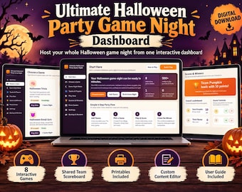 May include: A digital Halloween party game night dashboard displayed on a laptop screen, featuring interactive menus, game modes, and scoreboards. The interface includes text like Ultimate Halloween Party Game Night, Start Here, and Scores & Winners, with orange and purple accents.