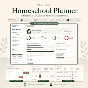 May include: An interactive HTML Homeschool Planner dashboard featuring a student profile for Elara Winslow, attendance charts, curriculum progress bars, a daily checklist, and grade overviews. Includes additional views for a monthly calendar, grades, and reading logs.