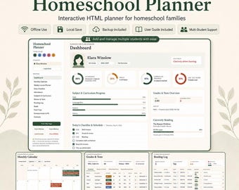 May include: An interactive HTML Homeschool Planner dashboard featuring a student profile for Elara Winslow, attendance charts, curriculum progress bars, a daily checklist, and grade overviews. Includes additional views for a monthly calendar, grades, and reading logs.