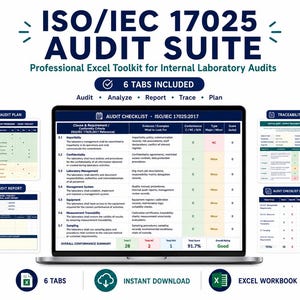 May include: An ISO/IEC 17025 Audit Suite Excel toolkit displayed on a laptop screen, featuring six tabs including an audit checklist, plan, report, and traceability log. The interface shows columns for clauses, requirements, evidence, and scores.