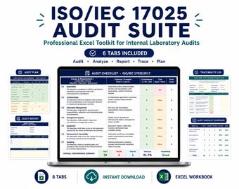 Op de afbeelding: Een ISO/IEC 17025 Audit Suite Excel-toolkit weergegeven op een laptopscherm, met zes tabbladen waaronder een auditchecklist, plan, rapport en traceerbaarheidslogboek met kolommen voor clausules, vereisten, bewijsmateriaal en scores.