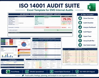 Op de afbeelding: Een ISO 14001 Audit Suite Excel-sjabloon voor interne EMS-audits. De digitale interface toont organisatiedetails, auditinformatie, een live score van 79,3% en zes tabbladen, waaronder Home Overview, Audit Checklist en Analysis Dashboard.