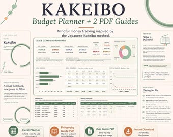 May include: A Kakeibo budget planner digital dashboard featuring a central Kakeibo dashboard with spending charts, a monthly balance graph, a spending log, and a monthly reflection table, accompanied by two PDF guides and an Excel planner.