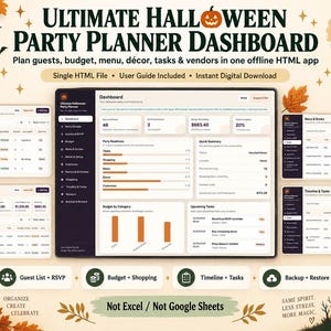 Könnte beinhalten: Eine digitale Ultimate Halloween Party Planner Dashboard Anwendung auf einem Bildschirm mit Bereichen für Gäste, RSVP, Budget, Menü, Getränke und Aufgaben. Die Benutzeroberfläche enthält Diagramme, Listen und Datentabellen in einem dunklen Design.