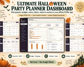 May include: An Ultimate Halloween Party Planner Dashboard digital application displayed on a screen, featuring sections for guests, RSVP, budget, menu, drinks, and tasks. The interface includes charts, lists, and data tables with a dark and light theme.