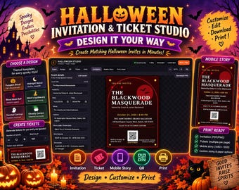 May include: A digital Halloween invitation and ticket design studio interface featuring a dark purple background with pumpkins and bats. The software displays templates for events like The Blackwood Masquerade, including options for mobile stories, QR codes, and print-ready files.