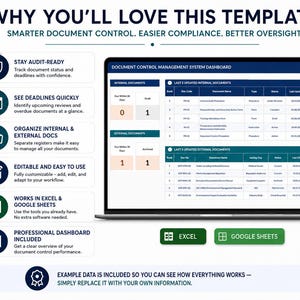 Op de afbeelding: Een digitaal dashboard voor een documentbeheersysteem weergegeven op een laptopscherm. De interface bevat tabellen voor interne en externe documenten, statusregistratie en deadlinebewaking. Inclusief Excel- en Google Sheets-pictogrammen.