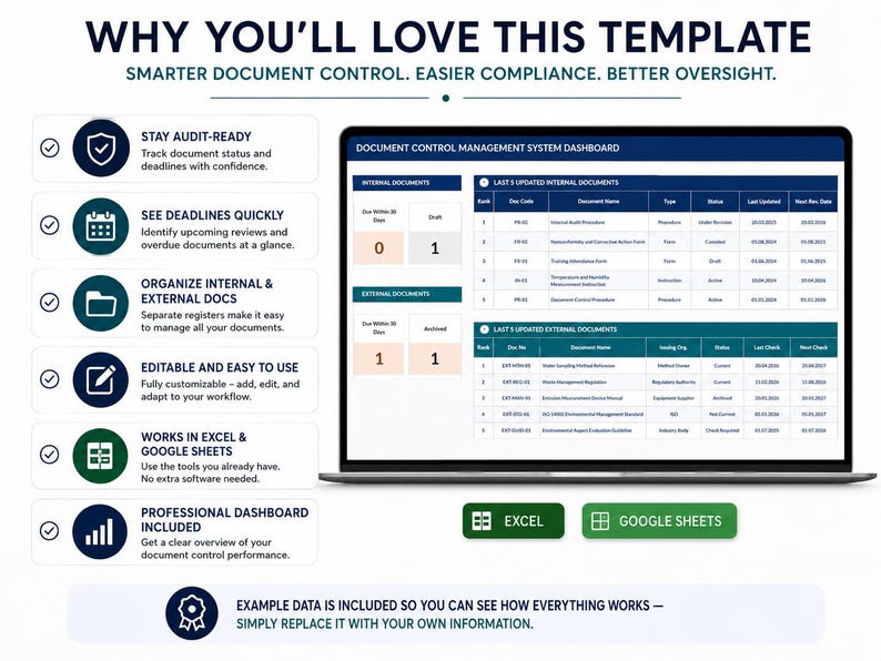 Op de afbeelding: Een digitaal dashboard voor een documentbeheersysteem weergegeven op een laptopscherm. De interface bevat tabellen voor interne en externe documenten, statusregistratie en deadlinebewaking. Inclusief Excel- en Google Sheets-pictogrammen.