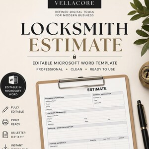 May include: A digital locksmith estimate template on a clipboard with a pen, keys, and a lock cylinder. The document features sections for business and customer information, service descriptions, parts, labor, and payment terms, sized at 21.59 by 27.94 cm.