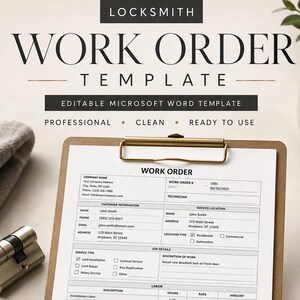 May include: A locksmith work order template on a clipboard with text including Locksmith Work Order Template, Editable Microsoft Word Template, Professional, Clean, Ready to Use, and VellaCore Refined Digital Tools for Modern Business.