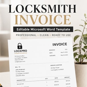 May include: A white Locksmith Invoice template for Microsoft Word featuring the Lockpro logo, contact details, service location, itemized billing table with quantities and rates, subtotal, tax, and total balance due, all presented on an A4 sized sheet.
