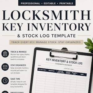 May include: A printable locksmith key inventory and stock log template on a clipboard. The document features columns for key type, description, brand, quantity, and stock levels. Includes a stock summary, restock section, and a black pen nearby.