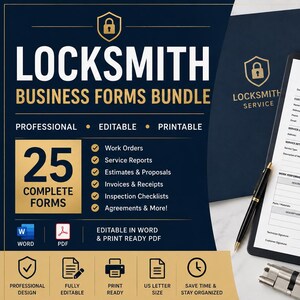 May include: A locksmith business forms bundle featuring 25 editable and printable documents including work orders, service reports, and estimates. The set includes a clipboard with a work order, a black pen, a car key fob, and a metal lock cylinder.