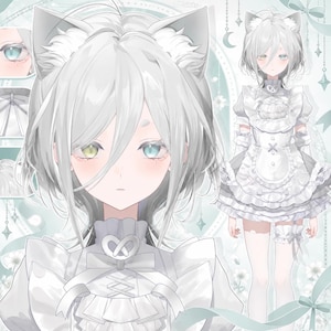 Könnte beinhalten: Eine digitale Charakterillustration mit einer Figur mit kurzem weißem Haar, Katzenohren und Heterochromie mit einem gelben und einem blauen Auge. Die Figur trägt ein weißes, gerüschtes Kleid im Dienstmädchenstil mit einem brezelförmigen Kragen.