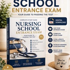 Peut inclure: Un guide d'étude numérique intitulé Nursing School Entrance Exam, 3rd Edition, illustré avec un stéthoscope. Il couvre les capacités verbales, la compréhension écrite, les mathématiques, la biologie, la chimie, les sciences et des examens.