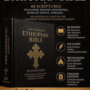 Puede incluir: Un libro de tapa dura negro titulado The Complete Ethiopian Bible con letras doradas en relieve y un diseño de cruz central. La cubierta presenta 88 escrituras reconocidas por la Iglesia Ortodoxa Etíope Tewahedo, con 2151 páginas en inglés.