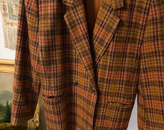 Blazer vintage en laine vierge à carreaux | Veste en tweed Time Collection | Blazer à carreaux marron, orange et vert | Taille 38 (EU) femme