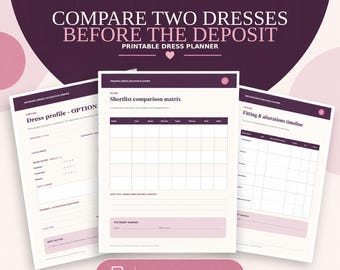 Può includere: Un pianificatore stampabile per abiti da sposa composto da tre pagine bianche con intestazioni e testo in viola scuro. Le pagine includono sezioni intitolate Dress profile, Shortlist comparison matrix e Fitting & alterations timeline. Un pulsante rosa riporta PRINTABLE PDF.