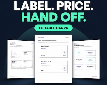 Art Gallery Labels Canva Template, Exhibition Wall Cards, Price Tags & Sold Signs