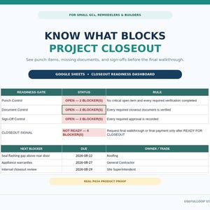 May include: A digital dashboard titled KNOW WHAT BLOCKS PROJECT CLOSEOUT for small GCs, remodelers, and builders. It features a Google Sheets interface tracking readiness gates, status, and rules, with specific blockers listed by due date and trade.