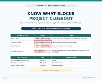 Construction Punch List Template | Closeout Document Tracker | Final Walkthrough & Sign Off Google Sheets