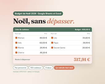 Può includere: Un modello di foglio di calcolo digitale per la pianificazione del budget natalizio intitolato Budget de Noël 2026. L'interfaccia mostra una lista di regali con nomi e prezzi, un budget totale di 600,00 € e un saldo di 317,91 €.