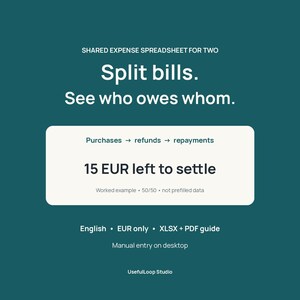 K&ouml;nnte beinhalten: Eine digitale Tabelle f&uuml;r geteilte Ausgaben f&uuml;r zwei Personen auf dunkelblaugr&uuml;nem Hintergrund. Text: Shared expense spreadsheet for two, Split bills. See who owes whom. Purchases, refunds, repayments, 15 EUR left to settle, Worked example, 50/50, not prefilled data, English, EUR only, XLSX + PDF guide, Manual entry on desktop, UsefulLoop Studio.