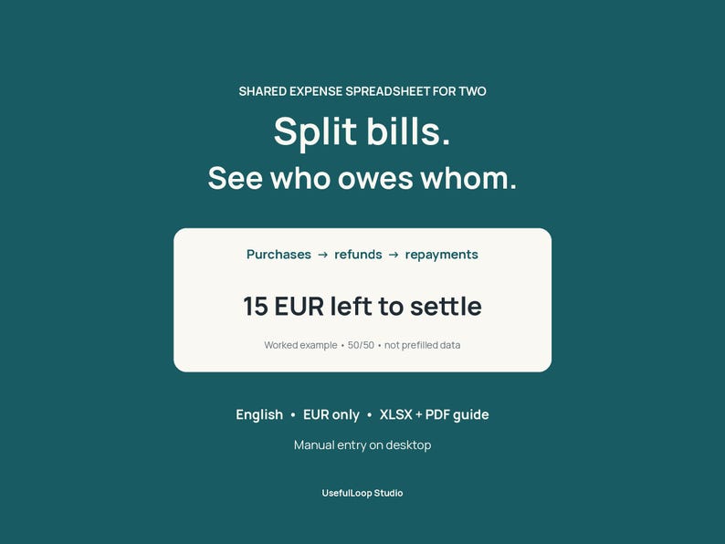 K&ouml;nnte beinhalten: Eine digitale Tabelle f&uuml;r geteilte Ausgaben f&uuml;r zwei Personen auf dunkelblaugr&uuml;nem Hintergrund. Text: Shared expense spreadsheet for two, Split bills. See who owes whom. Purchases, refunds, repayments, 15 EUR left to settle, Worked example, 50/50, not prefilled data, English, EUR only, XLSX + PDF guide, Manual entry on desktop, UsefulLoop Studio.