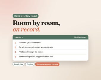 Può includere: Un modello di inventario domestico per Excel con il testo Room by room, on record. L'interfaccia include un elenco di 200 righe, 12 stanze personalizzabili e campi per numeri di serie, prezzi, stime e nomi di file.