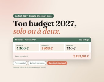 Può includere: Un modello di budget digitale per Google Sheets ed Excel intitolato Ton budget 2027, solo ou à deux. L'interfaccia mostra categorie finanziarie tra cui entrate, spese, risparmi e il saldo rimanente per gennaio 2027.