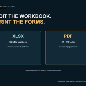 May include: A dark blue graphic with the text EDIT THE WORKBOOK. PRINT THE FORMS. It features two boxes: one labeled XLSX for an editable workbook, and one labeled PDF for A4 and US Letter static 4-page printables. Includes USEFUL LOOP STUDIO branding.