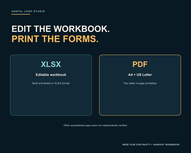 May include: A dark blue graphic with the text EDIT THE WORKBOOK. PRINT THE FORMS. It features two boxes: one labeled XLSX for an editable workbook, and one labeled PDF for A4 and US Letter static 4-page printables. Includes USEFUL LOOP STUDIO branding.
