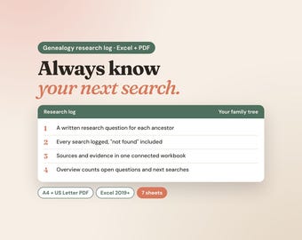 Può includere: Un modello digitale di registro per la ricerca genealogica in formato Excel e PDF. Il testo recita: Genealogy research log, Always know your next search, Research log, Your family tree, A4 + US Letter PDF, Excel 2019+ e 7 sheets.